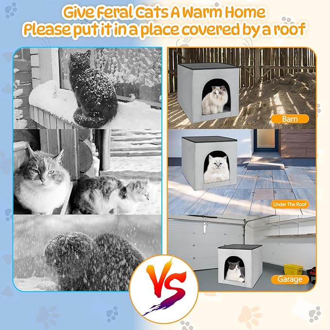Heated Cat House, Heating Cat Houses for Indoor Outdoor Kitty with Heating Pad, Foldable Heated Kitty House Cat Shelter for Your Pet to Stay Warm and Cozy