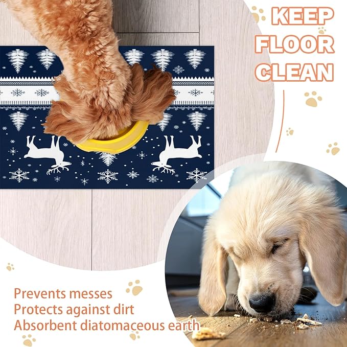 Christmas Tree Deer Snowflake Dog Food Mat for Floors Absorbent, Quick Dry Water Dispenser Mat for Food, Water, Pet Supplies 24" x 32",