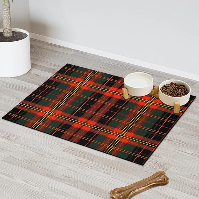 Buffalo Check Dog Food Mat for Floors Absorbent, Quick Dry Water Dispenser Mat for Food, Water, Pet Supplies 24" x 32", Red Green