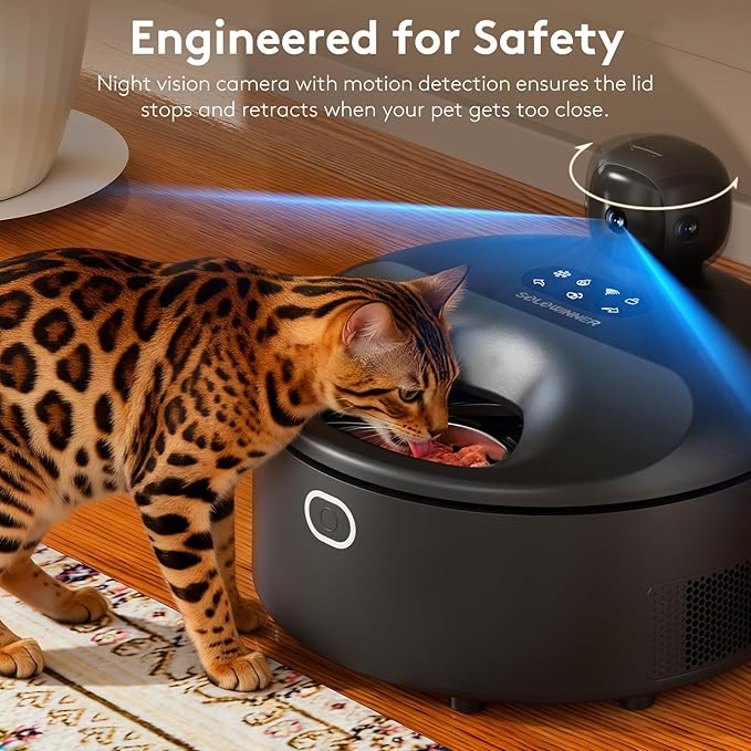 Automatic Cat Feeder Wet Food for 5 Meals, Semiconductor Cooling & Pre-Heating Pet Food Dispenser with Night Vision Camera, App-Control Auto Cat Feeder with Food-Grade Stainless Tray (Black)