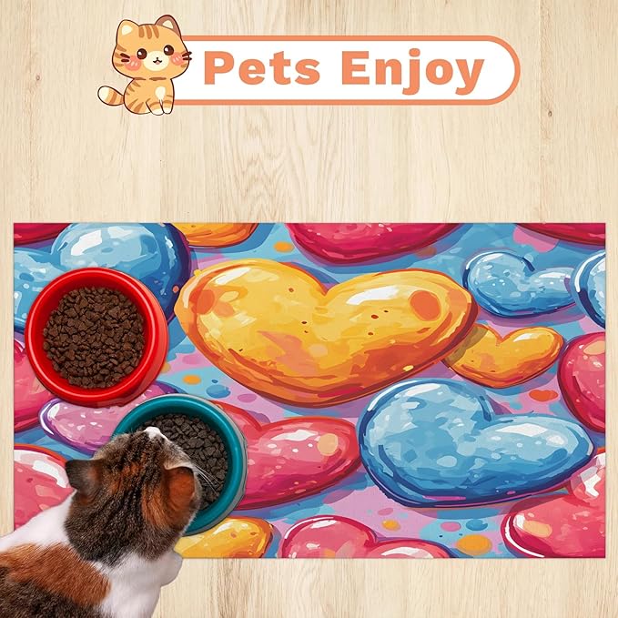Love Heart Dog Food Mat for Floors Absorbent, Quick Dry Water Dispenser Mat for Food, Water, Pet Supplies 17" x 30", Romantic