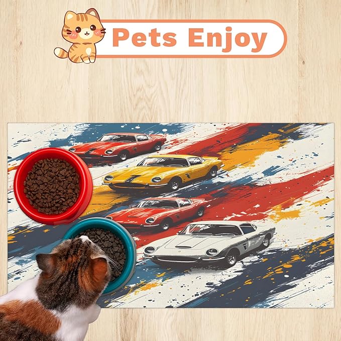Race Car Dog Food Mat for Floors Absorbent, Quick Dry Water Dispenser Mat for Food, Water, Pet Supplies 17" x 30", Retro Car