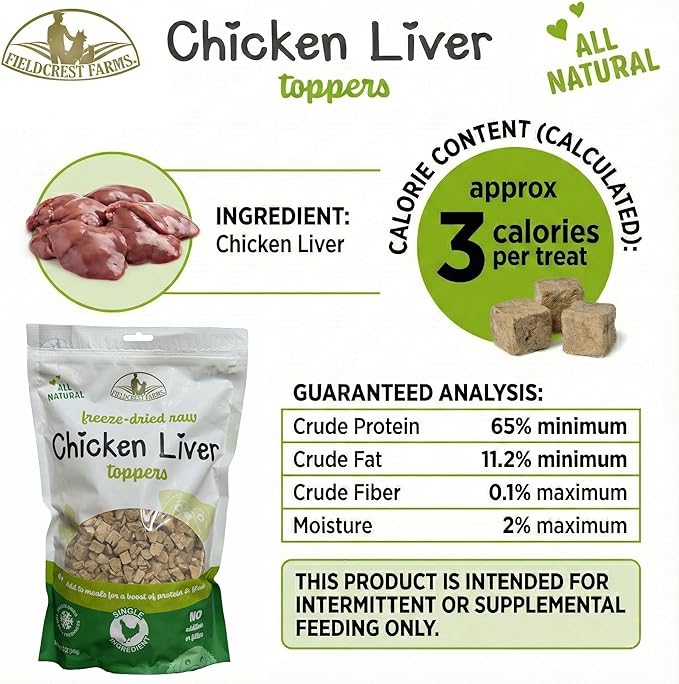 Fieldcrest Farms Chicken Liver Toppers – All-Natural Freeze-Dried Dog Food Topper or Treat, Single Ingredient, Raw & Grain-Free, 12 oz.