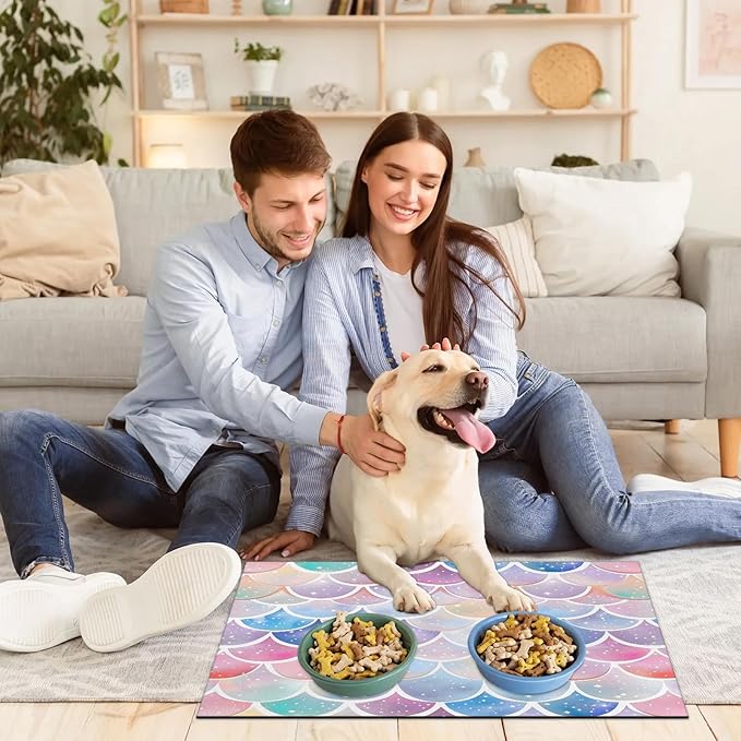 Mermaid Scale Dog Food Mat for Floors Absorbent Dog Bowl Mat for Food and Water Dispenser Quick Dry Cat Food Placemat Pet Supplies 24" x 32", Pink Purple Glitter