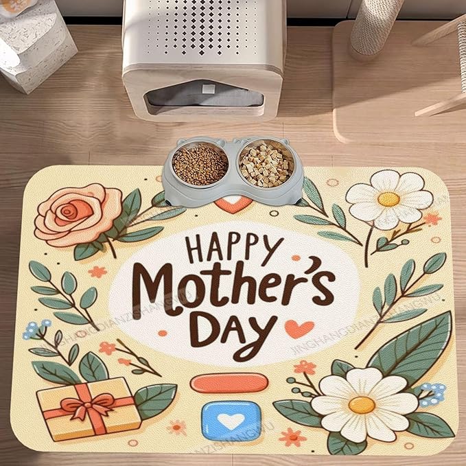Pet Feeding Mat for Floors Waterproof Dog Mat for Food and Water Happy Mother's Day Floral Gift Mom Do Absorbent Quick Dry Non Slip Mats Cat Bowls 18X12In