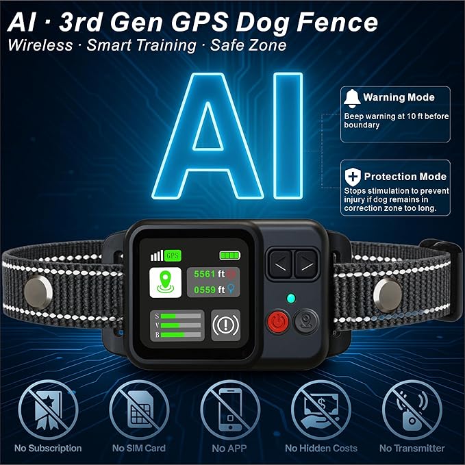 GPS Wireless Electric Dog Fence – Circular Wireless Dog Fence System for Dogs with Early Warning Beep & Auto-Protection, Quick-Charge Collar, 6561ft Range, Waterproof, 3 Modes, No App,Outdoor Use Only