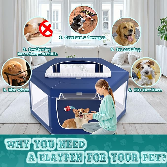 45x45 Inches Hexagonal Type Puppy Playpen, Dog Playpen for Puppies or Small Dogs, Dog Fence Pet Playpen for Indoor & Outdoor, Sturdy Safety Dog Pen with Thickened Fabric, Breathable Mesh