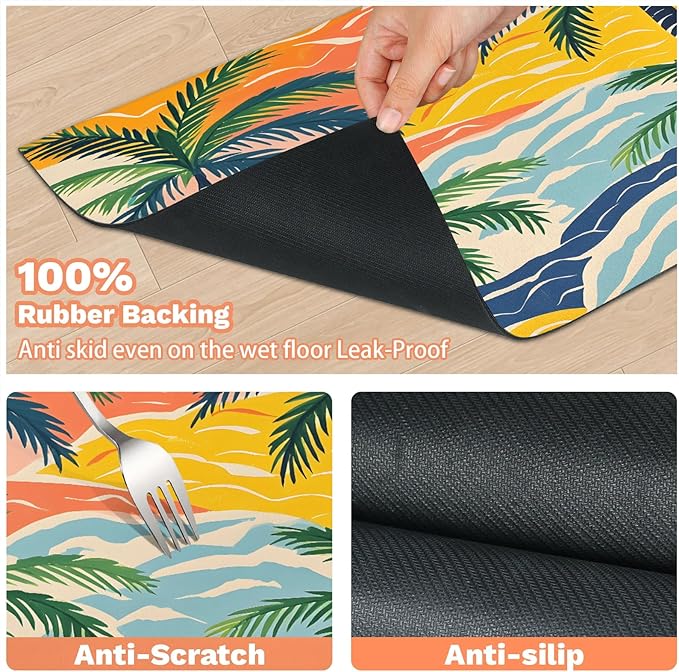 Palm Tree Dog Food Mat for Floors Absorbent, Quick Dry Water Dispenser Mat for Food, Water, Pet Supplies 24" x 32", Ocean