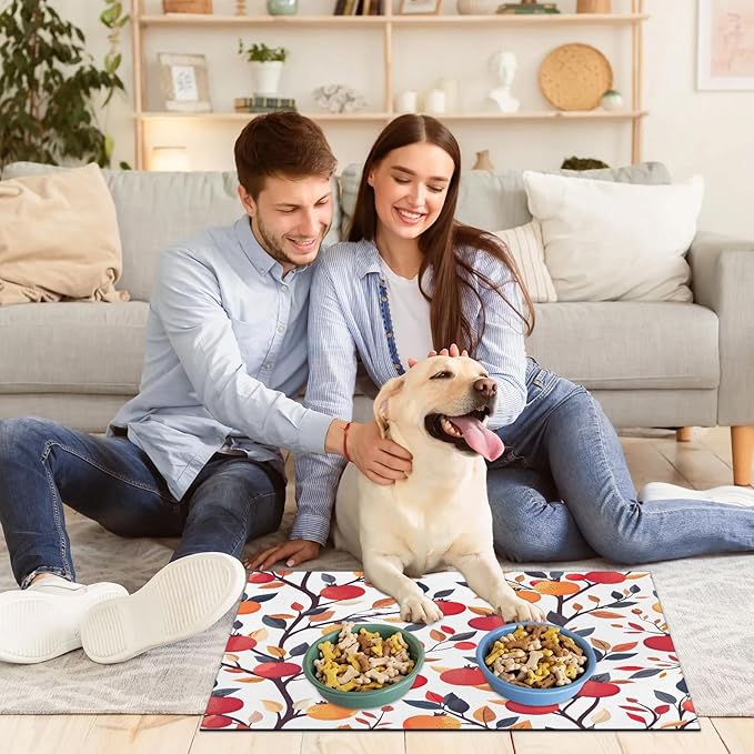 Pomegranate Dog Food Mat for Floors Absorbent Dog Bowl Mat for Food and Water Dispenser Quick Dry Cat Food Placemat Pet Supplies 16" x 24", Tree