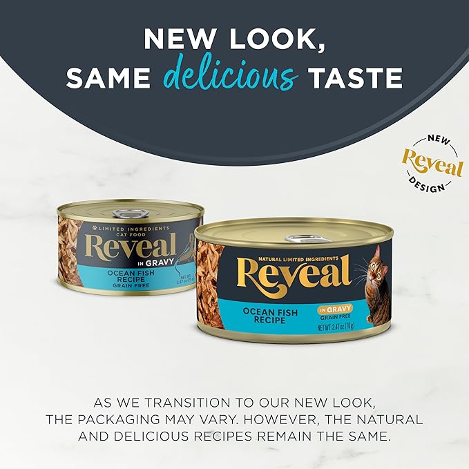 Reveal Natural Wet Canned Cat Foody, Limited and Natural Ingredients, Grain Free, High Protein with No Artificial Additives, Ocean Fish in Gravy (24 x 2.47 oz Cans)