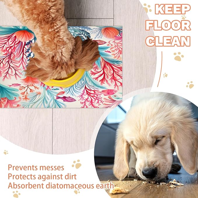 Watercolor Corals Dog Food Mat for Floors Absorbent Dog Bowl Mat for Food and Water Dispenser Quick Dry Cat Food Placemat Pet Supplies 16" x 24", Colorful Nautical