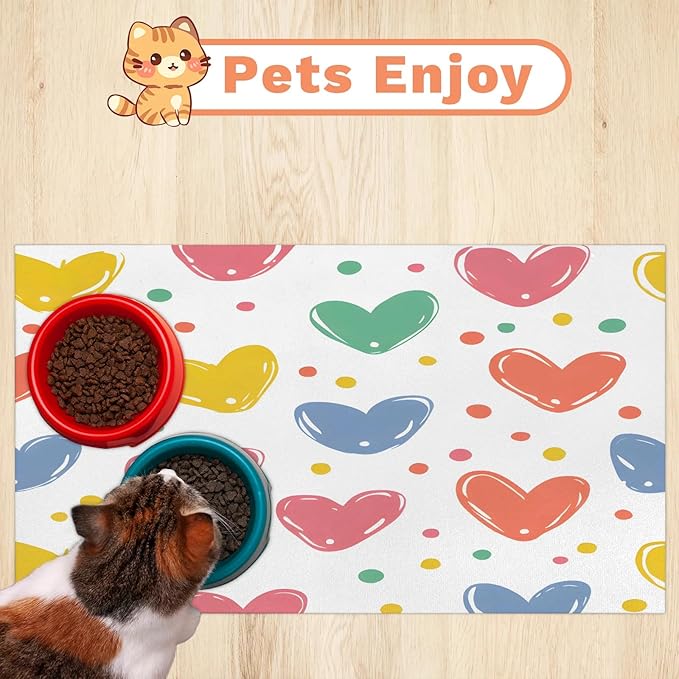 Love Heart Dog Food Mat for Floors Absorbent, Quick Dry Water Dispenser Mat for Food, Water, Pet Supplies 24" x 32", Colorful Polka Dots