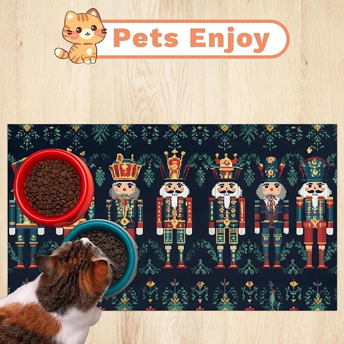 Christmas Nutcrackers Dog Food Mat for Floors Absorbent, Quick Dry Water Dispenser Mat for Food, Water, Pet Supplies 12" x 20", Green Holly