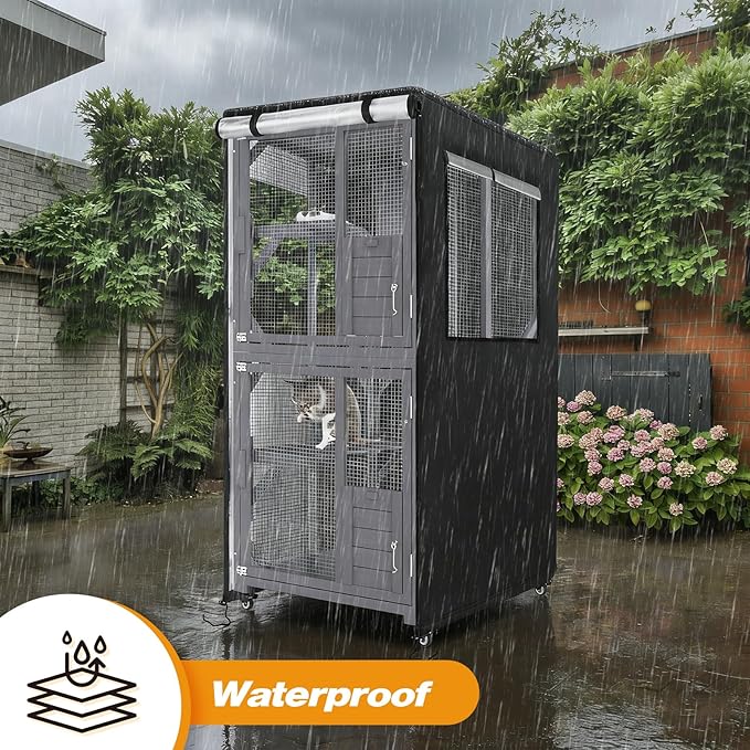 Catio Cover,31.5"L x 35.5"W x 64.5"H Cover for Catio Outdoor Cat Enclosure Waterproof, 420D Cat Cage Covers for VEVOR 3-Tier Catios, Outdoor Cats Enclosure Covers(Black)(Catios Not Included)