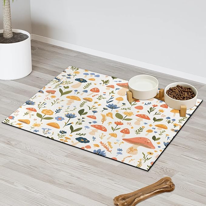 Boho Floral Mushroom Dog Food Mat for Floors Absorbent Dog Bowl Mat for Food and Water Dispenser Quick Dry Cat Food Placemat Pet Supplies 12" x 20",