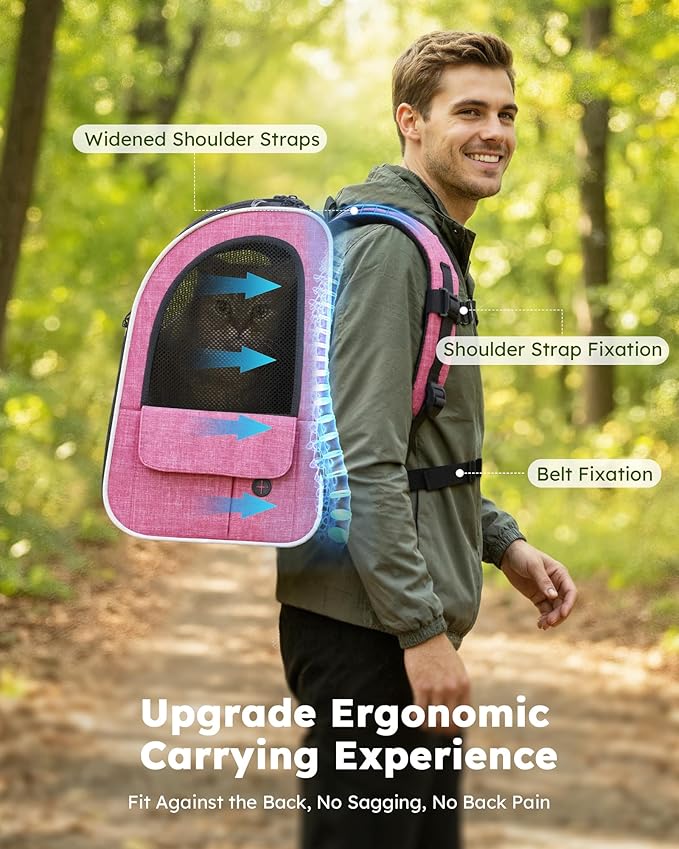 Pecute Cat Backpack Carrier Expandable, Pet Backpack for Cats & Small Dogs Up to 11lbs, with 4-Side Breathable Mesh, Multi-Entry & Lockable Zippers for Travel, Hiking, Camping - Hands Free, Pink