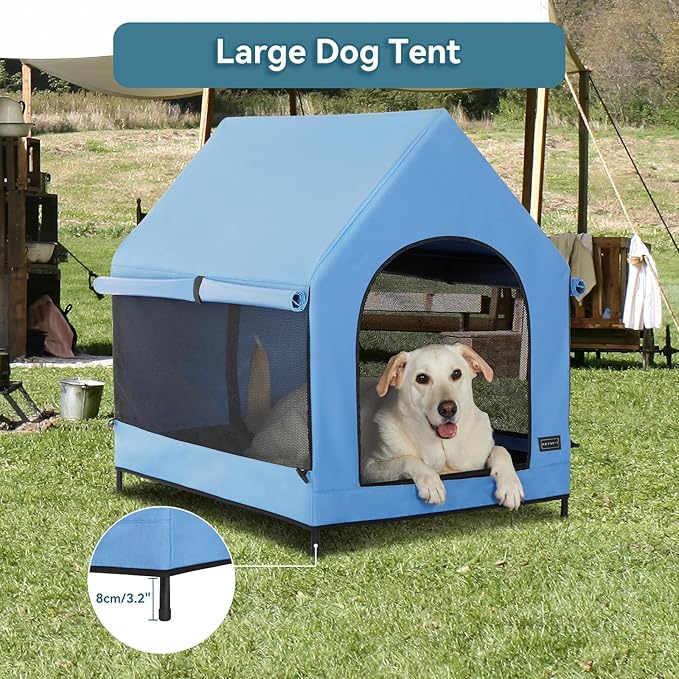 PETSFIT Dog House Outdoor, Upgraded Dog Shelter with Weatherproof PVC Canopy, Breathable Mesh Windows and Sunshades, Elevated Dog Bed with Protable Carring Case (Blue)