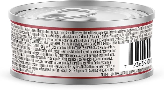 Natural Balance Ultra Protein Wet Cat Food Pate, Real Salmon Recipe with Protein-Rich Organs for Cats, Pate Cat Food with High Protein - 2.8 oz. (Pack of 24)