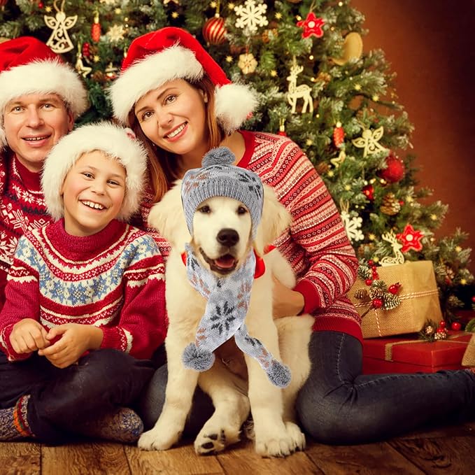 Happyyami Pet Dog Hat and Scarf Set Christmas Knitted Warm Snowflake Pattern Gray Scarf and Cap L Size for Holiday Pet Costume Supplies