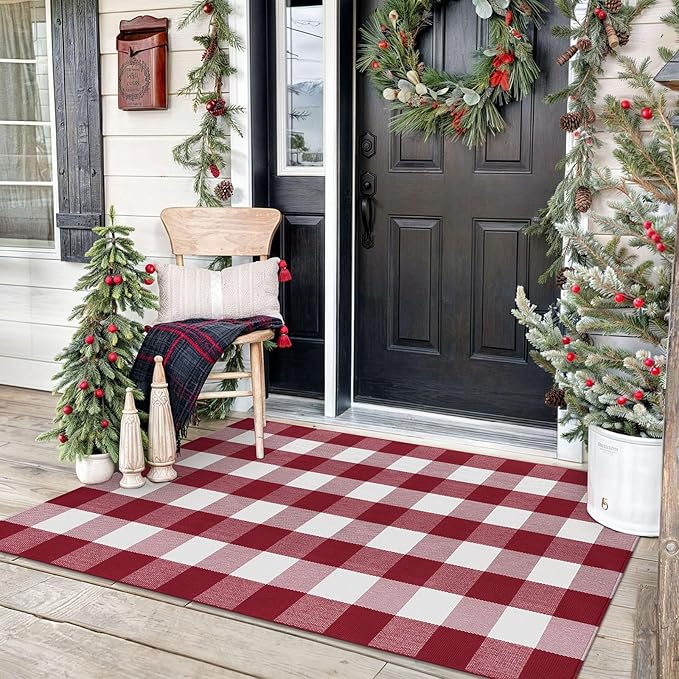 KOZYFLY Buffalo Plaid Rug 3x5 Ft Red and White Checkered Rug Christmas Halloween Fall Door Mat Woven Cotton Washable Area Rugs Door Mat Outdoor Entrance for Front Porch Entryway