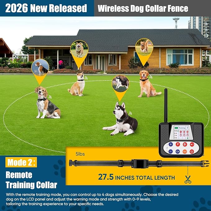Wireless Dog Fence, Electric Fence System with Big LCD Color Screen, Portable Wireless Pet Fence with Remote Training collar, Dog Perimeter Collar, Adjustable for Small Medium Big Dogs (For 2 Dogs)
