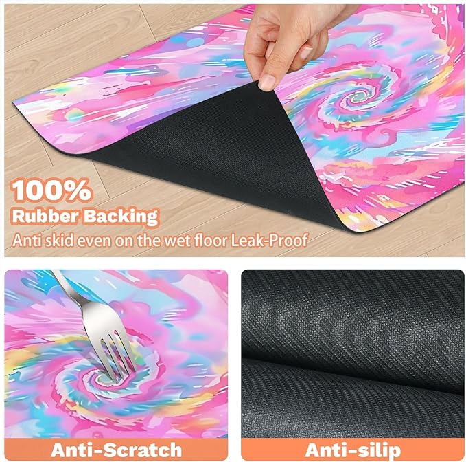 Cute Tie Dye Dog Food Mat for Floors Absorbent, Quick Dry Water Dispenser Mat for Food, Water, Pet Supplies 17" x 30", Rainbow