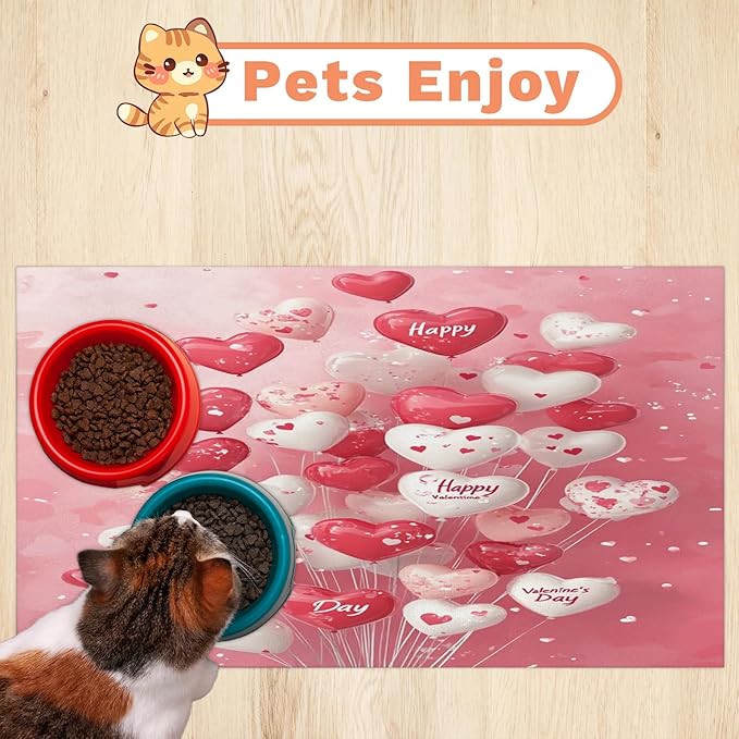 Valentine’s Day Dog Food Mat for Floors Absorbent, Quick Dry Water Dispenser Mat for Food, Water, Pet Supplies 24" x 32", Love Heart Balloons