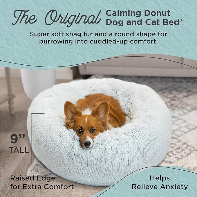 Best Friends by Sheri The Original Calming Donut Dog Bed – Washable Plush Pet Bed for Medium Breeds up to 45 lbs, Shag Faux Fur, Frost Gray, Medium (30" x 30")