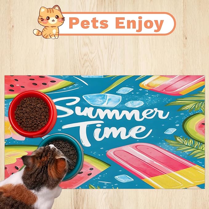 Summer Watermelon Dog Food Mat for Floors Absorbent Dog Bowl Mat for Food and Water Dispenser Quick Dry Cat Food Placemat Pet Supplies 17" x 30", Ice Cream
