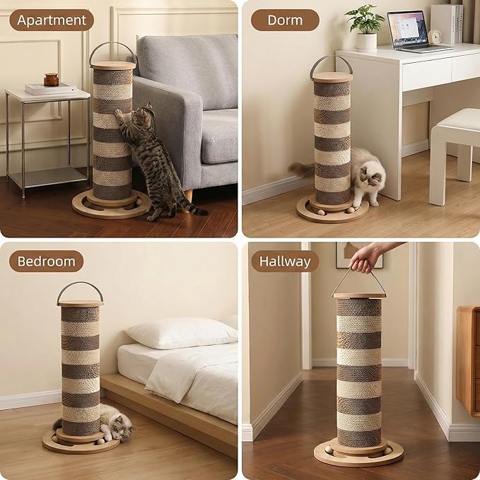 24” Cat Scratching Post – Vertical Cardboard Cat Scratcher for Indoor Cats & Kittens, Modular Replaceable Blocks, Stable Base Cat Post, Space-Saving Scratching Post Tower