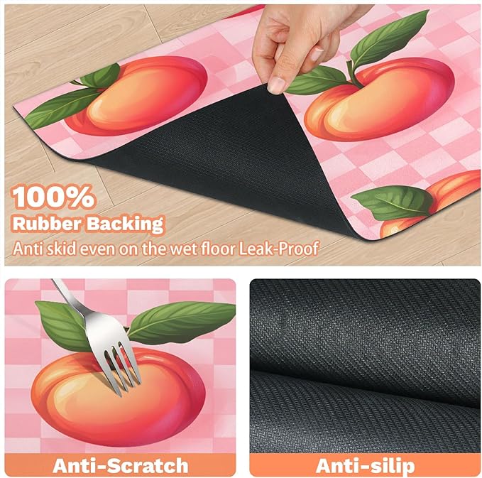 Peach Fruit Dog Food Mat for Floors Absorbent Dog Bowl Mat for Food and Water Dispenser Quick Dry Cat Food Placemat Pet Supplies 17" x 30", Buffalo Check