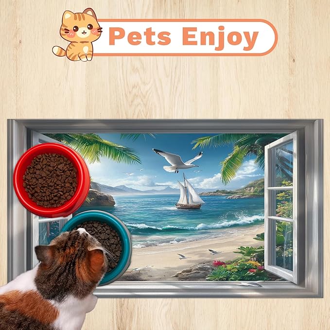Beach Sunshine Dog Food Mat for Floors Absorbent, Quick Dry Water Dispenser Mat for Food, Water, Pet Supplies 12" x 20", Hawaii Coastal Seaside