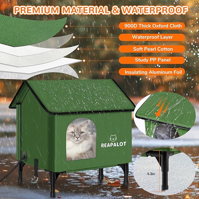 REAPALOT Heated Cat House for Outside Cat in Winter, Insulated Outdoor Feral Cat Shelter with Cat Heating Pad, Elevated Heated Kitty House for Multiple Cats (Green, M(20"x17.5"x23.6"))