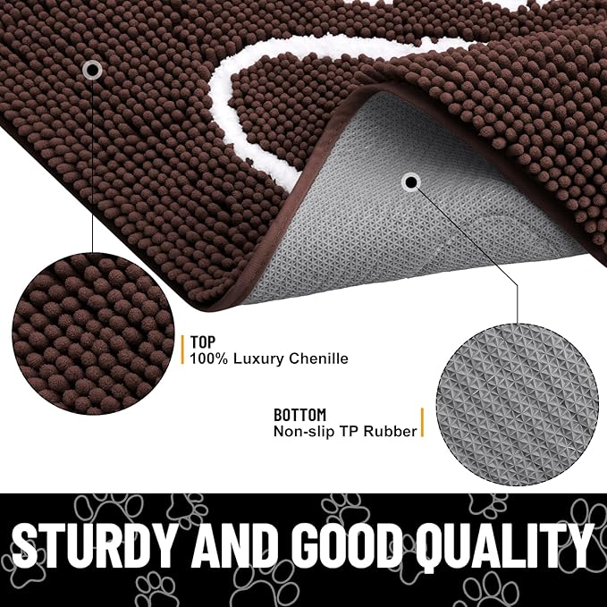 Smiry Dog Door Mat for Muddy Paws, Absorbent Dirt Trapper Non Slip Quick Dry Washable Chenille Mat for Mud Dogs, Entry Rug for Indoor and Outdoor (44x32 Inches, Brown and White)