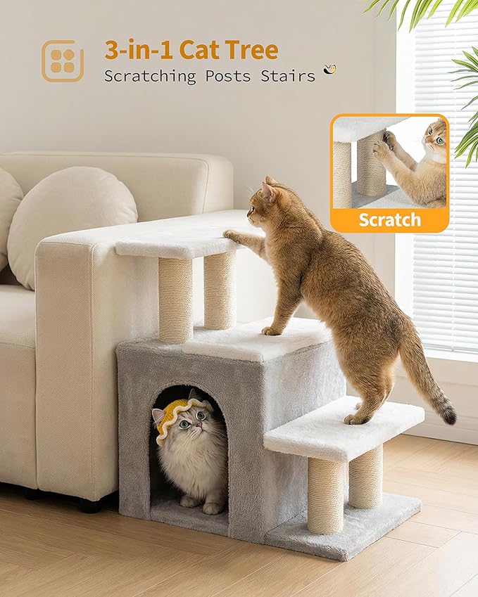3-in-1 Cat Stairs for High Bed Couch, Multifunctional, Dog Steps for Small Doggie Pet Rabbits, Beige, Medium