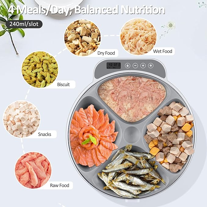 QXQIN Automatic Cat Feeder Wet Food, 4 Meals Cordless Auto Refrigerated Pet Feeder with 2 Ice Packs & Meal Cover, Programmable Timer & 4PCS AA Batteries Included for Cats Small Dogs-ABS Food Tray