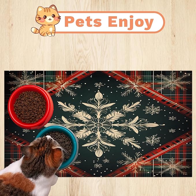 Christmas Check Dog Food Mat for Floors Absorbent, Quick Dry Water Dispenser Mat for Food, Water, Pet Supplies 16" x 24", Xmas Snowflake