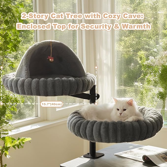 Dogpals 2-in-1 Cat Desk Bed: 360° Rotating & Height Adjustable Cat Tree with Semi-Enclosed & Open Layers, No-Drill Clamp for Desk up to 1.18" Thick, Supports 9lbs for Office, Grey