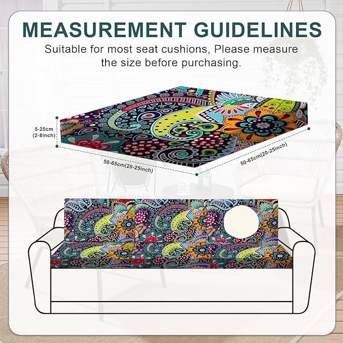 HANDONTIME 8Pcs Outdoor Patio Cushion Covers Boho Paisley Stretch Couch Cushion Cover Patio Couch Slipcover for Outdoor/Indoor Washable Non-Slip Furniture Protector for Pet (Blue Green,Cover Only)