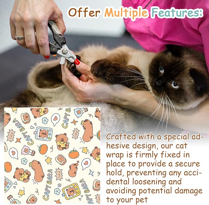 AOYEBO Cat Wrap for Cutting Nails Self-Adherent Safe Hold - Soft Polyester Anti-Scratch Escape Restraint, Calming Swaddle for Nail Clipping & Grooming (C)