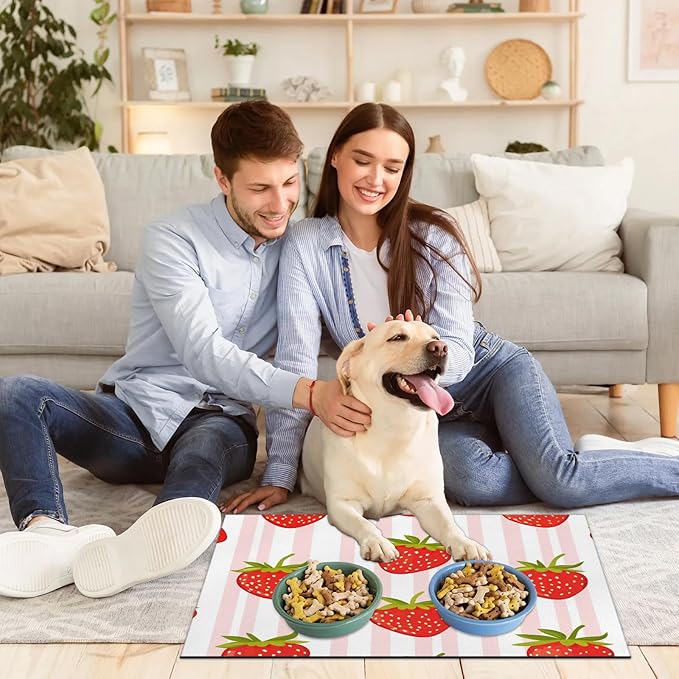 Red Strawberry Dog Food Mat for Floors Absorbent Dog Bowl Mat for Food and Water Dispenser Quick Dry Cat Food Placemat Pet Supplies 12" x 20", Pink Stripe