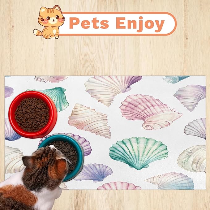 Seashells Dog Food Mat for Floors Absorbent Dog Bowl Mat for Food and Water Dispenser Quick Dry Cat Food Placemat Pet Supplies 12" x 20", Nautical Coastal
