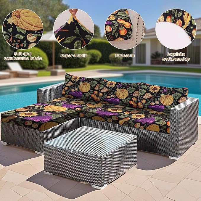 HANDONTIME 8Pcs Outdoor Patio Cushion Covers Pumpkin Stretch Couch Cushion Cover Patio Couch Slipcover for Outdoor/Indoor Washable Non-Slip Furniture Protector for Pet (Thanksgiving,Cover Only)