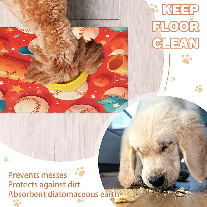 Sports Dog Food Mat for Floors Absorbent, Quick Dry Water Dispenser Mat for Food, Water, Pet Supplies 12" x 20", Baseball