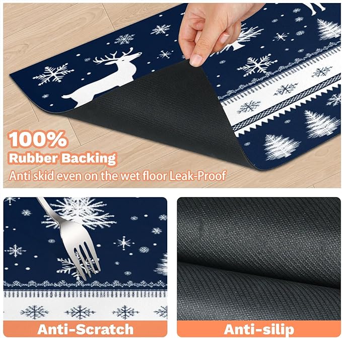 Christmas Tree Deer Snowflake Dog Food Mat for Floors Absorbent, Quick Dry Water Dispenser Mat for Food, Water, Pet Supplies 12" x 20",
