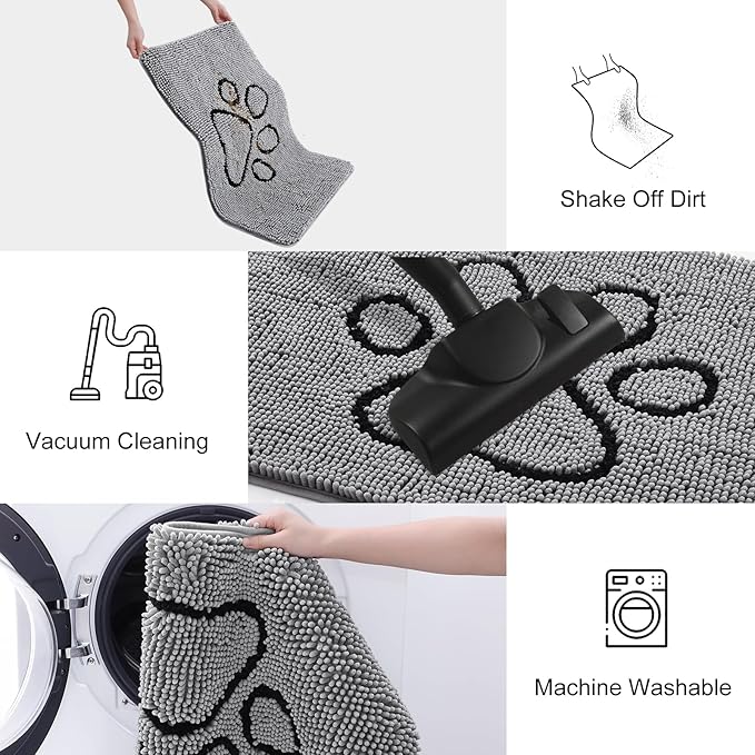 Smiry Dog Door Mat for Muddy Paws, Absorbent Dirt Trapper Non Slip Quick Dry Washable Chenille Mat for Mud Dogs, Entry Rug for Indoor and Outdoor (40x32 Inches, Grey and Black)