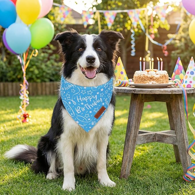 PTDECOR Happy Birthday Dog Bandana, Premium Durable Fabric, Triangle Scarf for Dog Birthday Party Supplies, Blue Pet Bandana for Medium Large Dogs Pets (Large)