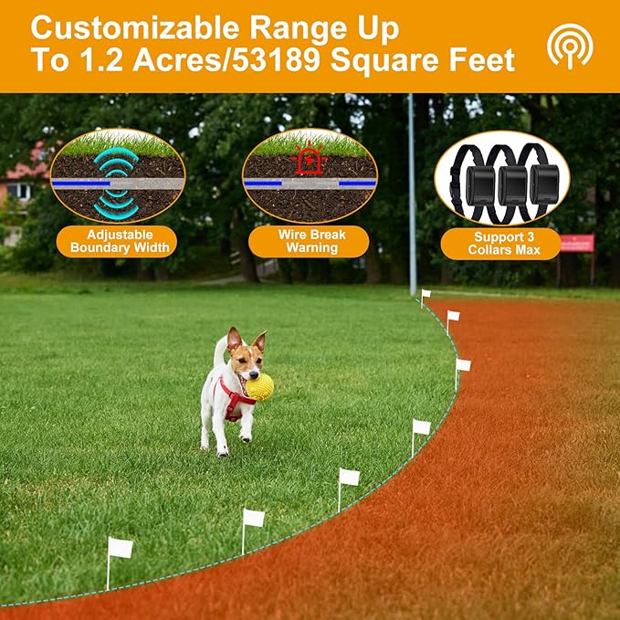 Electric Dog Fence System, Underground Dog Fence System for 2 Dogs, Covers Up to 1.2 Acre, with 2 Waterproof Collars, Tone & Shock Correction for Small Medium Large Dogs
