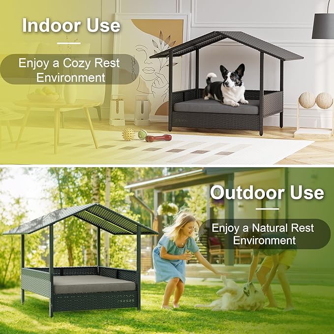 Waleaf Wicker Dog House Outdoor Indoor with Canopy and Removable Cushion, Elevated Rattan Dog Bed Shelter for Small/Medium Dogs, Weather Proof Cushion Cover Pet Cabana for Patio, Deck, Pool, Yard