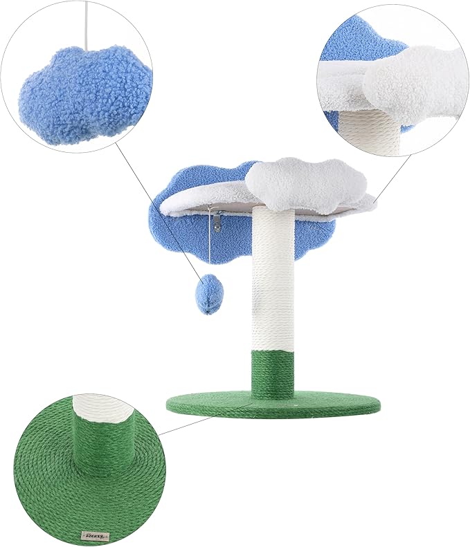 CTR1006A Sami 21.5" Modern Jute Cloud Cat Tree with Scratching Post, and Fuzzy Toy, White/Blue/Green